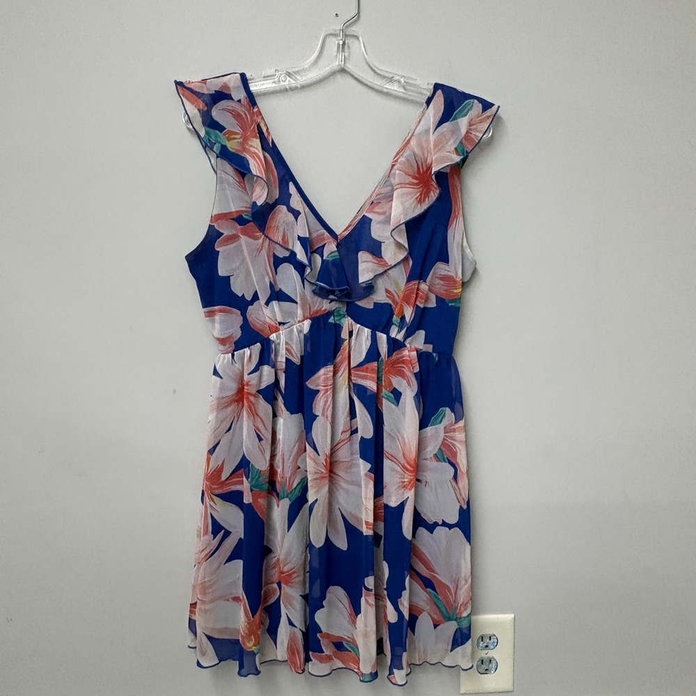 Sweet Storm Womens Blue Floral Ruffle V-Neck Mini Dress Size L Wedding Cocktail